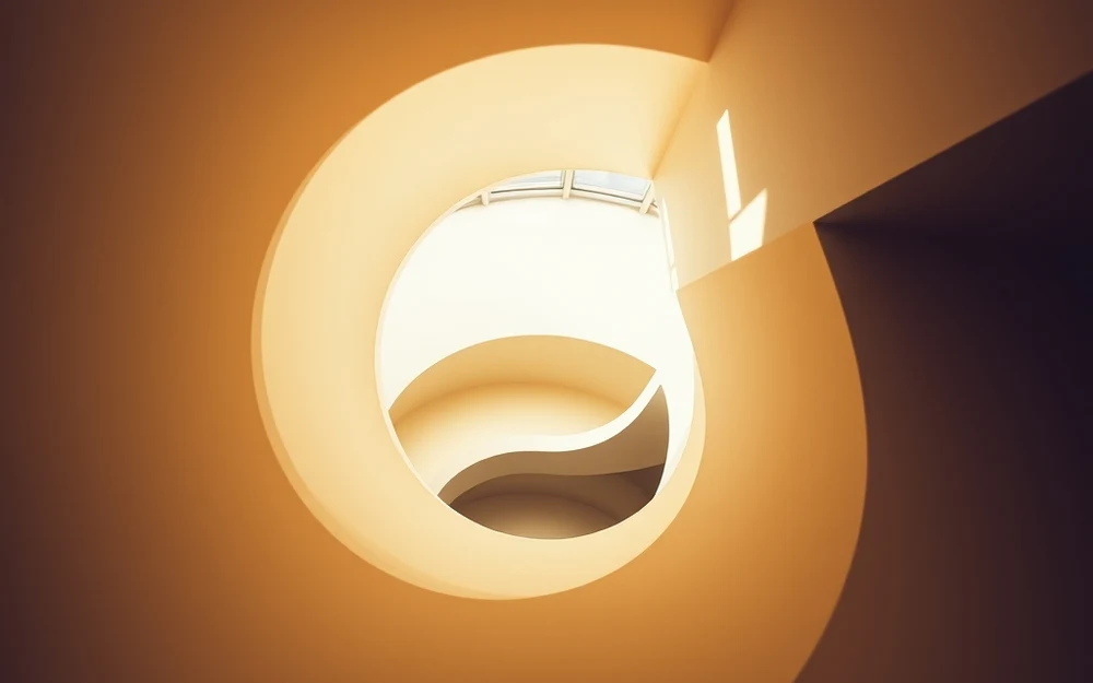 A spiral staircase seen from below, rising toward warm light