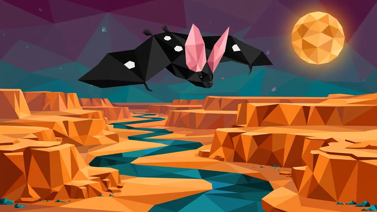 Spotted bat over desert cliffs Low-poly illustration of a spotted bat flying above desert cliffs and a winding river at dusk
