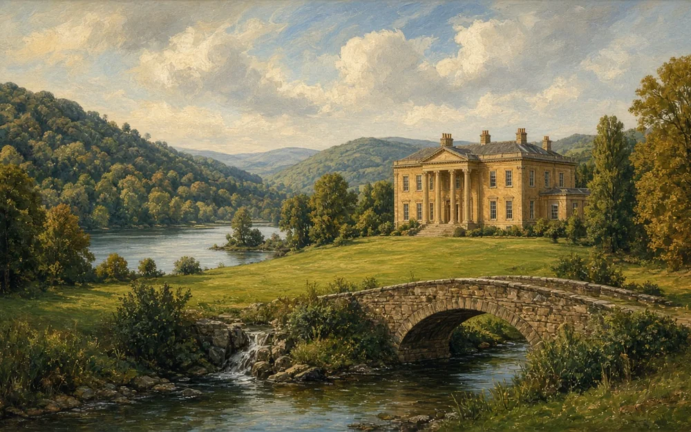 Painting of a honey-coloured stone country house with a portico beside a calm lake among wooded hills, with a stone bridge in front