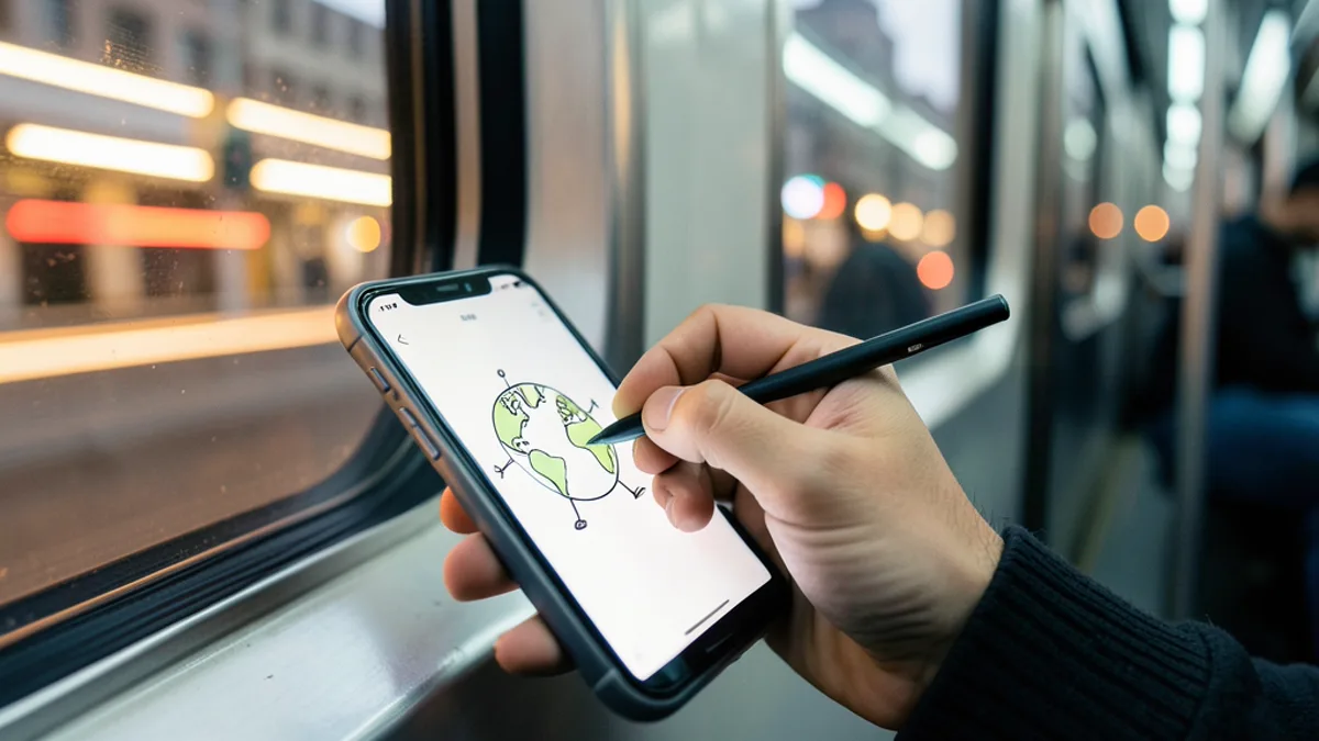 A commuter's hand with a stylus sketching a cheerful cartoon globe doodle on a smartphone inside a sunlit train car