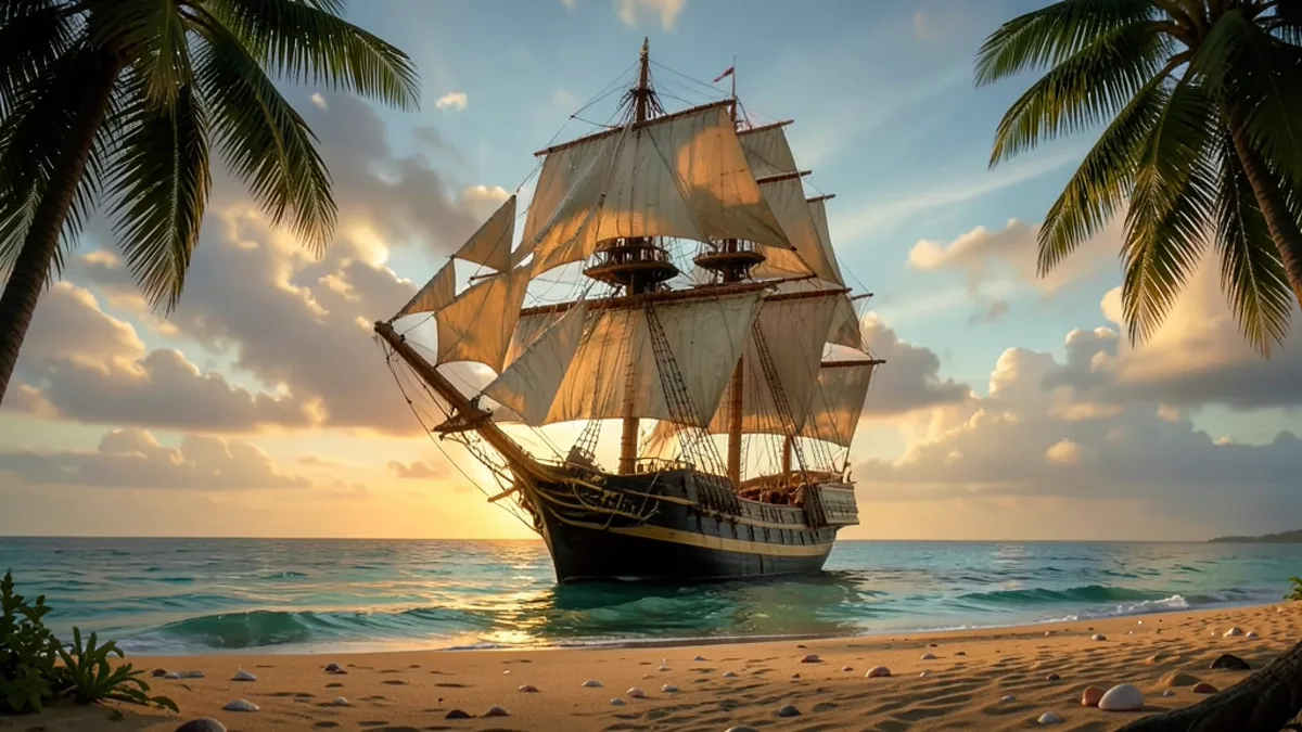 Treasure Island featured image Painterly tall sailing ship with full sails anchored in a tropical cove at golden hour, palm silhouettes framing the scene