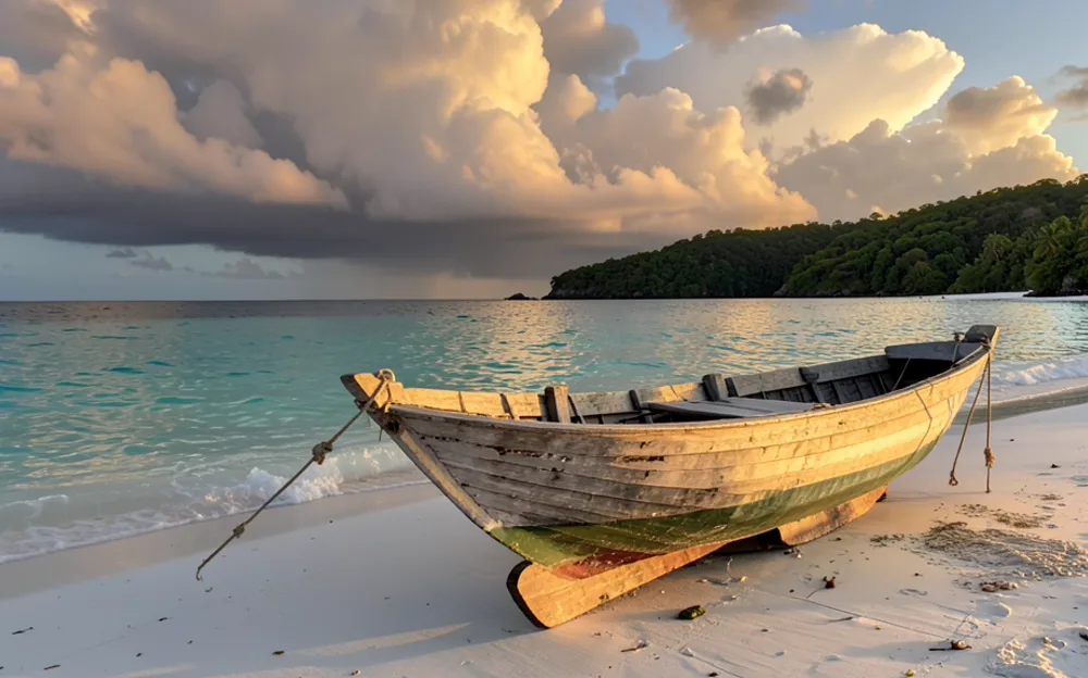 Weathered wooden rowboat pulled ashore on a white sand beach with turquoise water and dramatic clouds