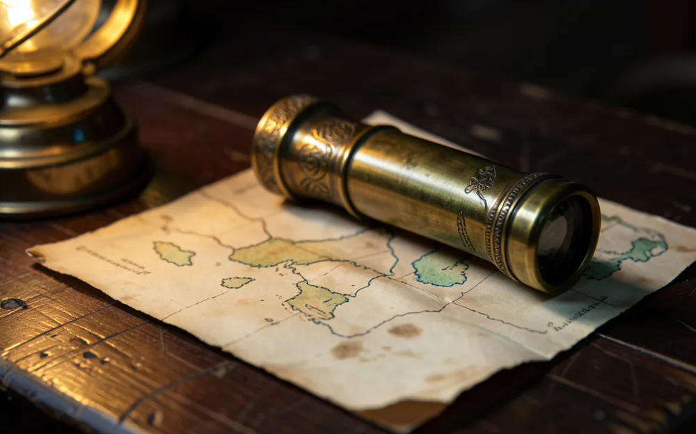 Brass telescope resting on a weathered parchment treasure map on a wooden ship's table in warm lantern light