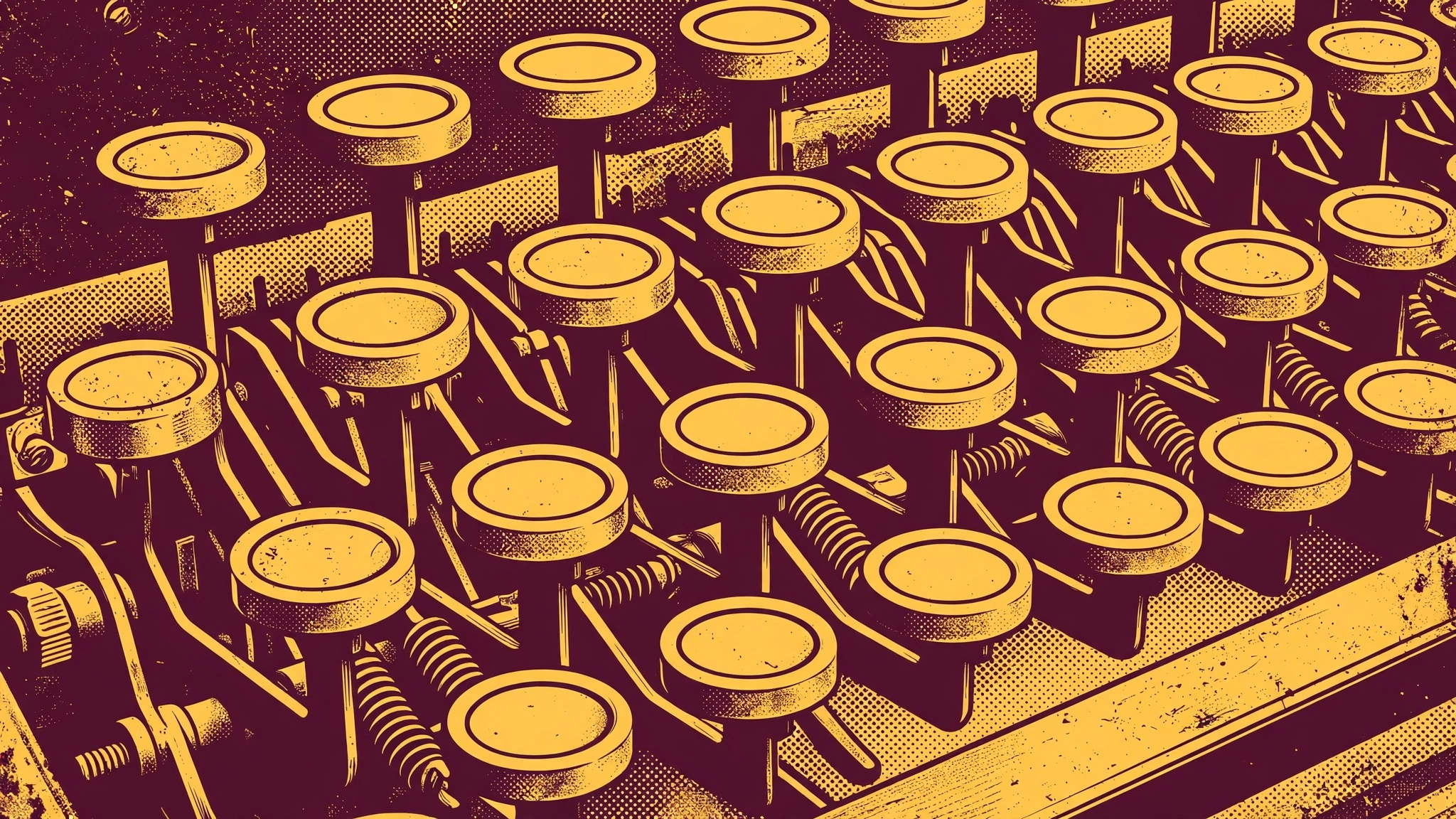 Retro poster close-up of vintage typewriter keys in mustard and burgundy