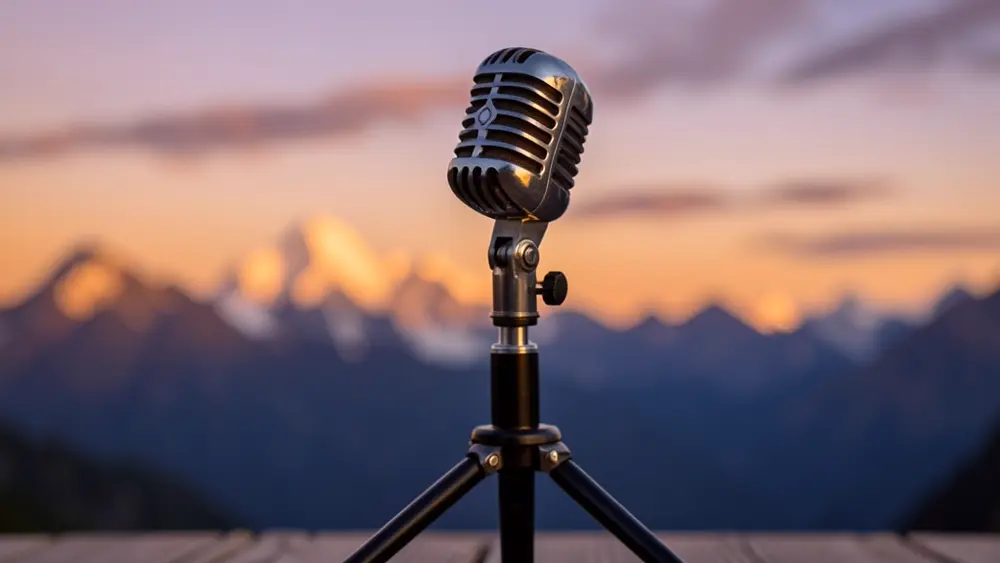 A vintage-style microphone on a stand silhouetted against Himalayan ridges at dusk