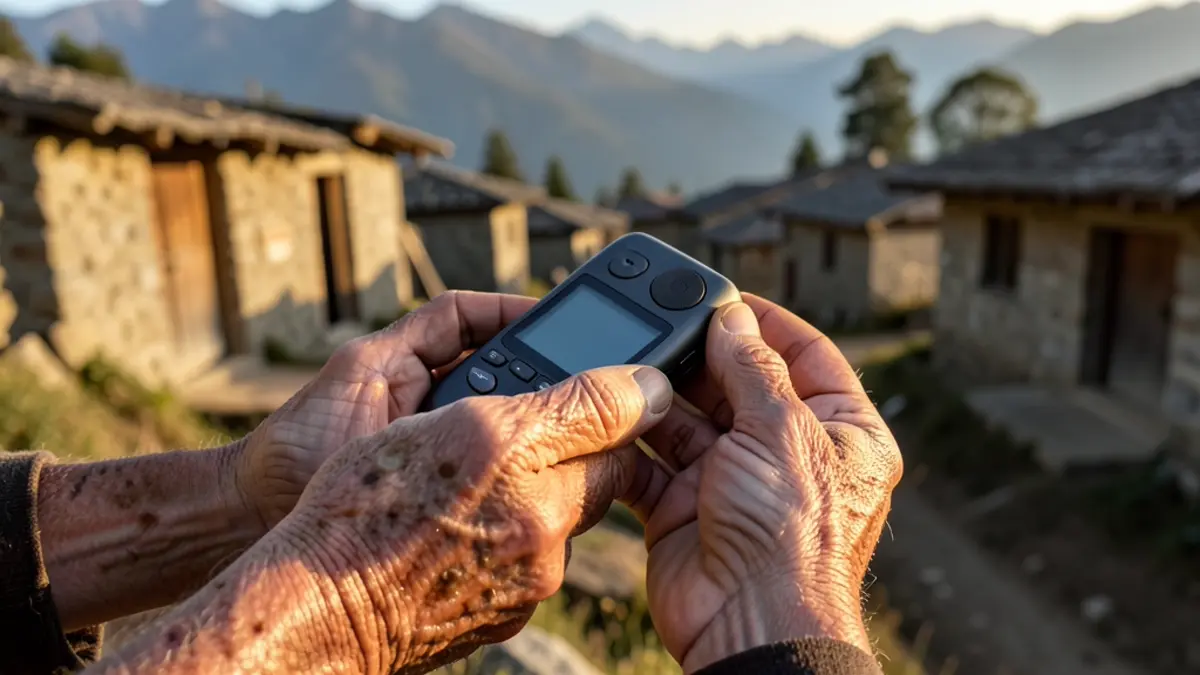 An elder's weathered hands holding a small audio recorder, a Himalayan stone village blurred behind