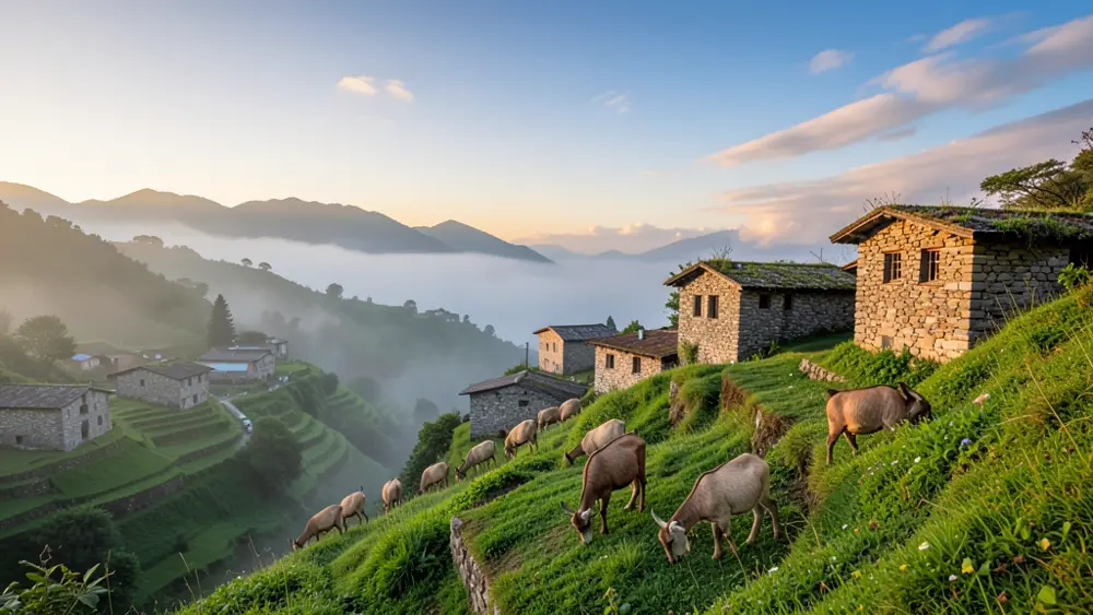A Himalayan foothill village at morning with goats grazing on terraced slopes above mist