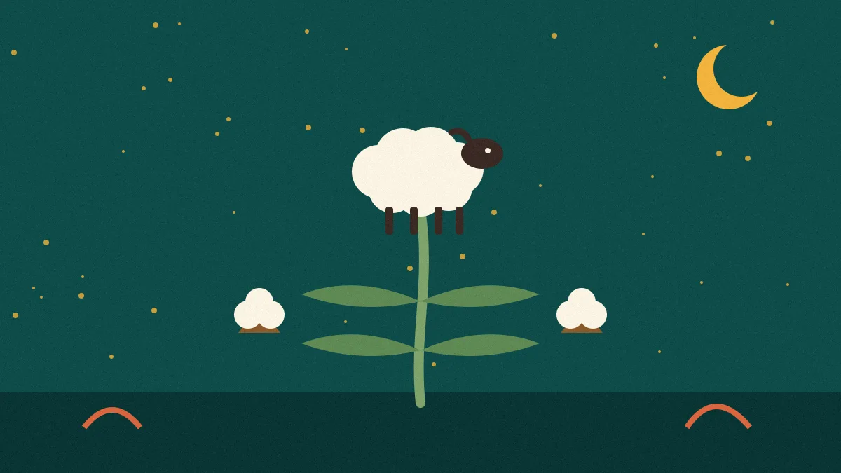 Vegetable Lamb of Tartary folk-art illustration Folk-art illustration of a woolly white lamb growing on top of a green plant stalk between two cotton bolls under a starry teal sky