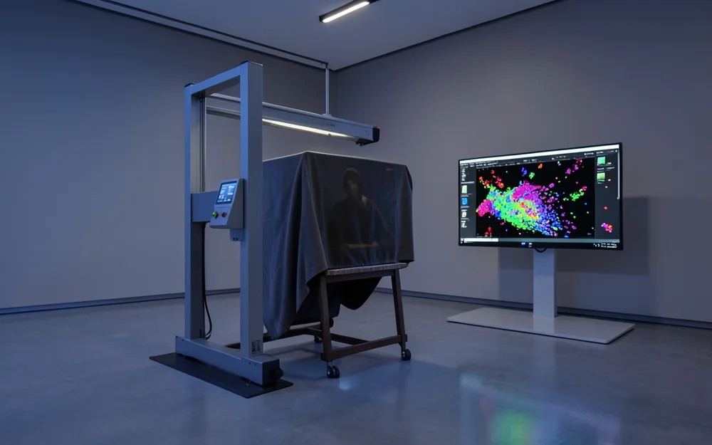 Museum conservation lab with an X-ray scanner in front of a covered painting and a screen showing a colourful element map