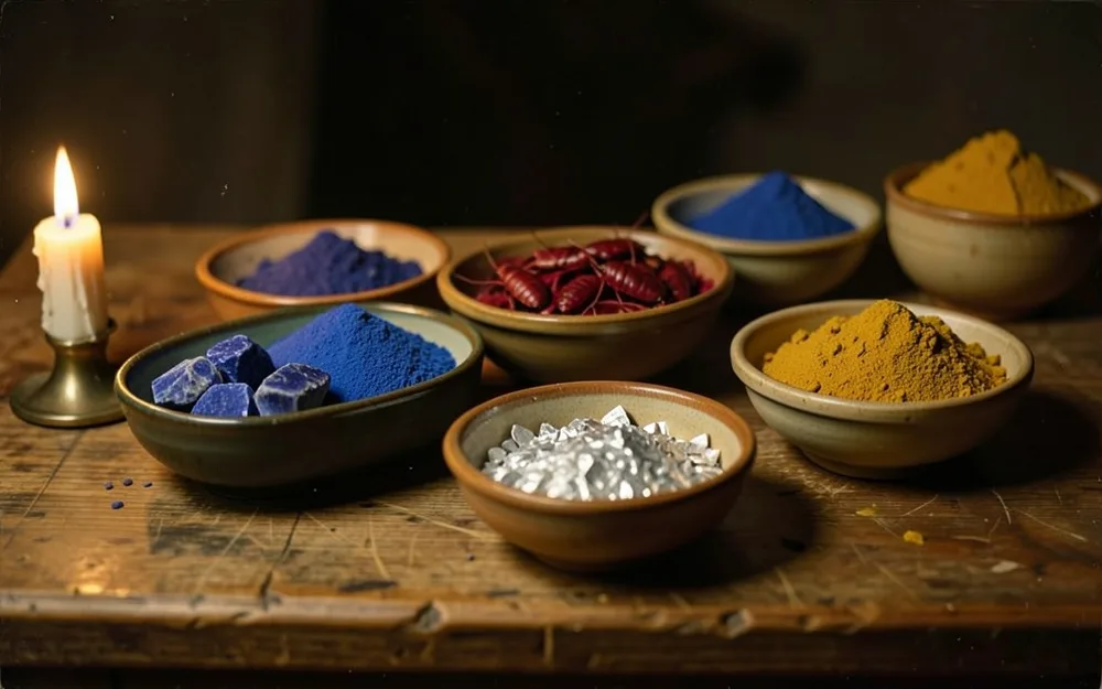 Bowls of raw pigments including lapis lazuli, cochineal, lead white and ochre on a candlelit wooden table