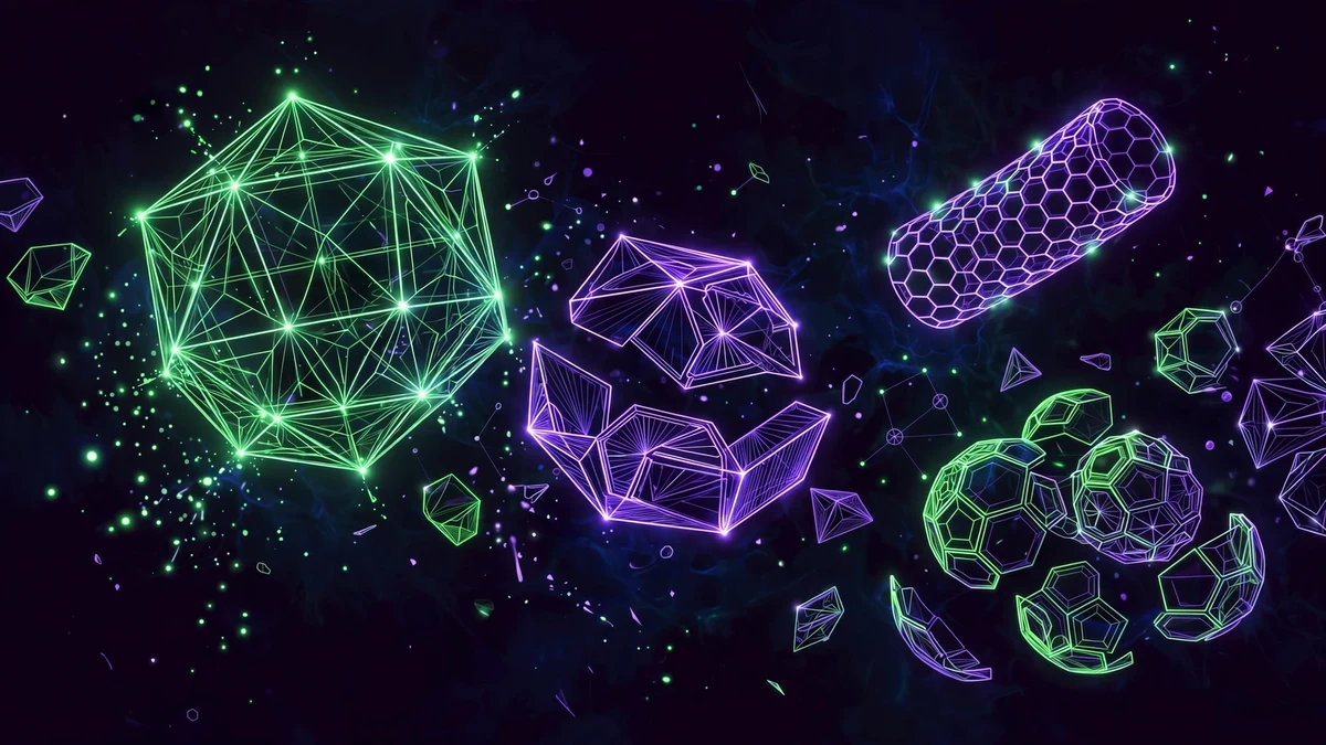 Neon line-art illustration of geometric virus capsids and protein shells glowing green and violet in dark space