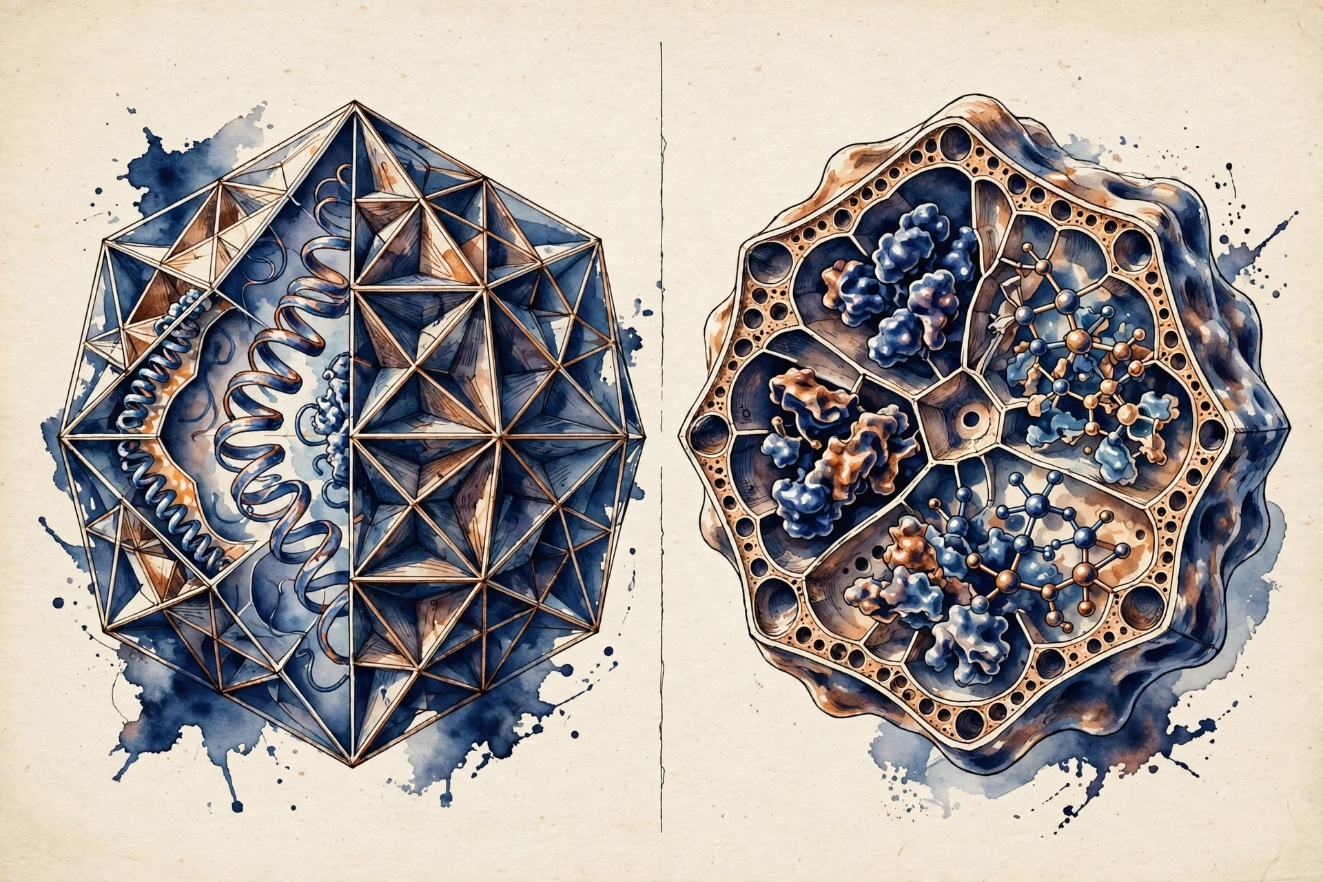 Watercolor cutaway illustration comparing a geometric viral capsid with a cell's encapsulin protein compartment