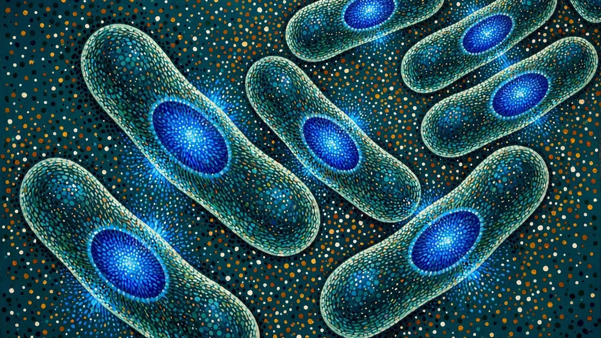 Pointillism illustration of rod-shaped bacteria with glowing cobalt-blue centres on a deep teal background