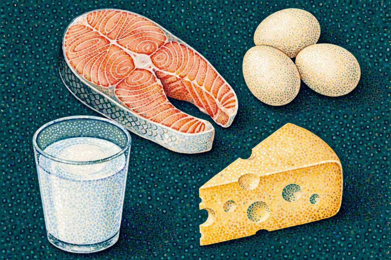 Pointillism illustration of foods rich in vitamin B12: salmon, eggs, milk and cheese on a dark teal table