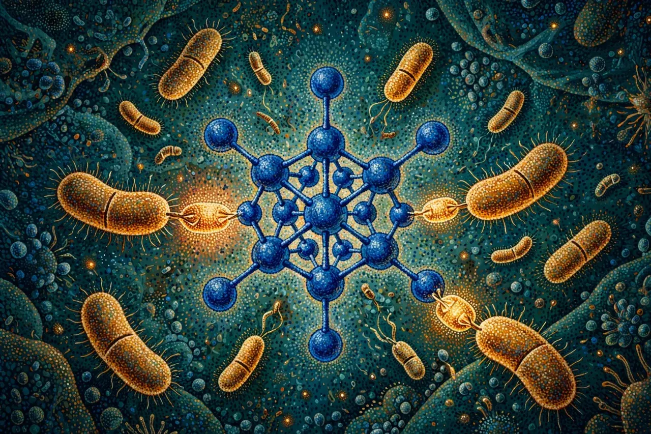 Pointillism illustration of bacteria trading glowing parcels around a cobalt-centred molecule