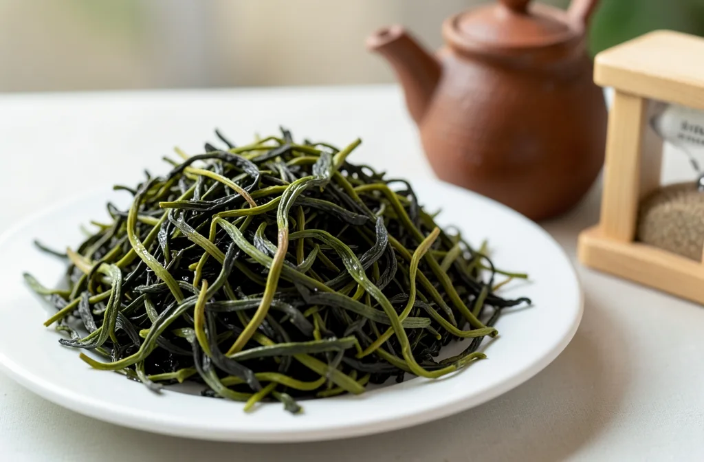 Wet, unfurled tea leaves on a white plate beside a clay teapot and a wooden sand timer