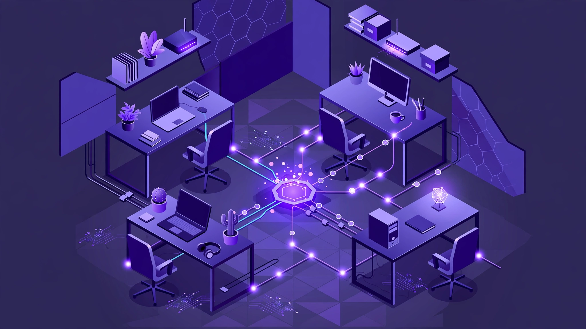 Isometric illustration of a small connected office network in indigo and violet