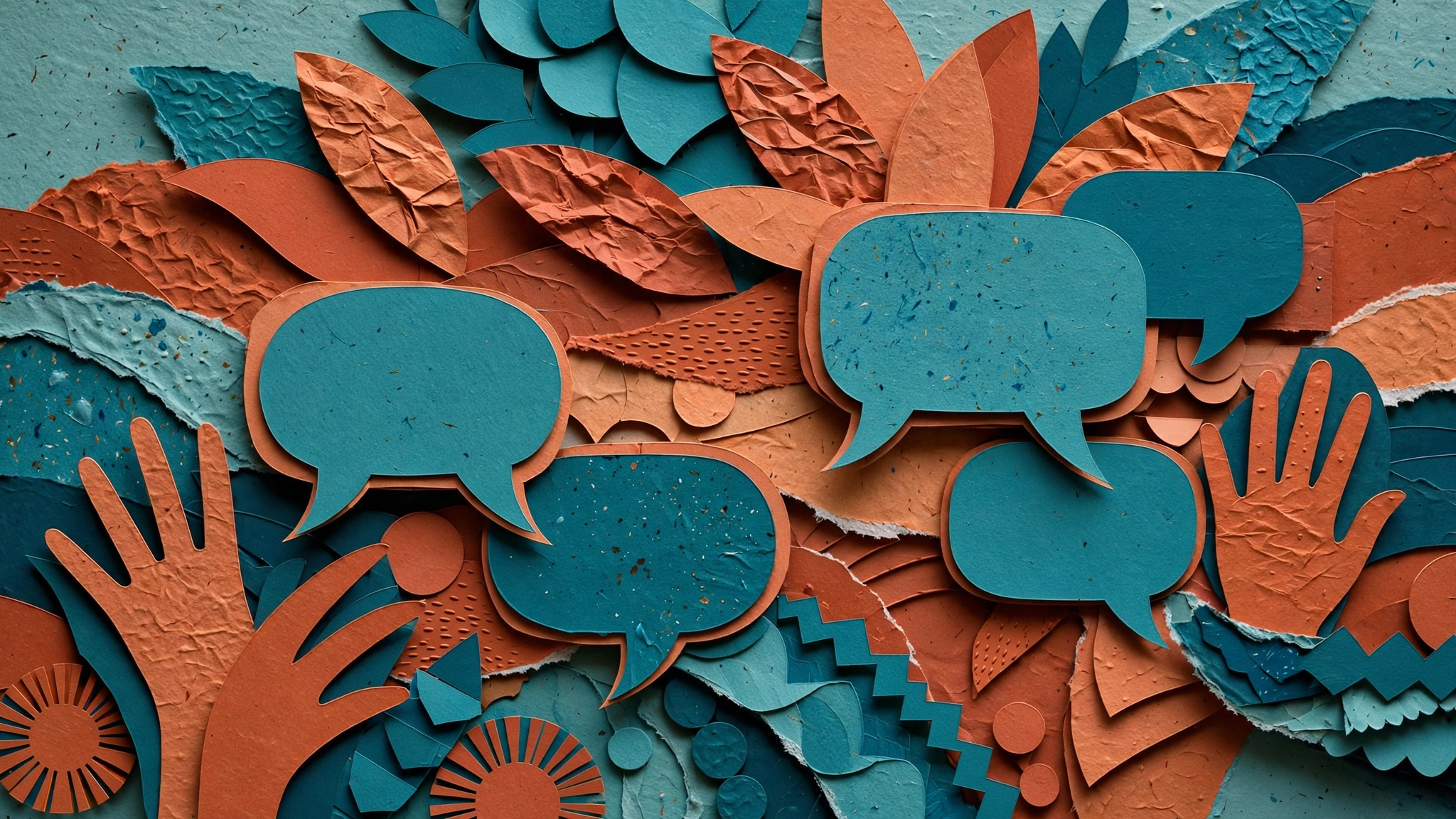 Preserving Indigenous Stories and Voices: WikiKatha (thumbnail v2) Paper-cut collage of abstract speech and hand shapes in terracotta and teal