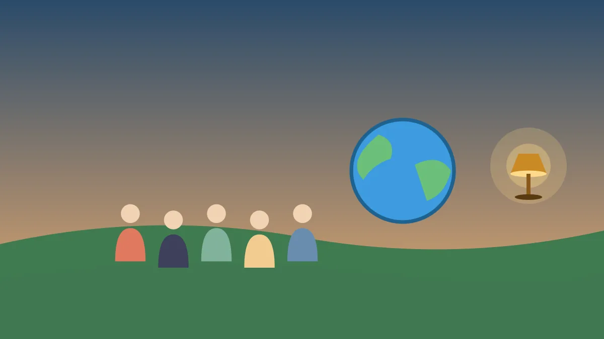 Illustration of a group of people around a globe and a glowing lamp, symbolising shared knowledge