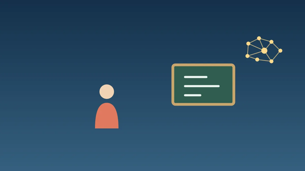 Illustration of a person at a laptop beside a board and a network of connected dots