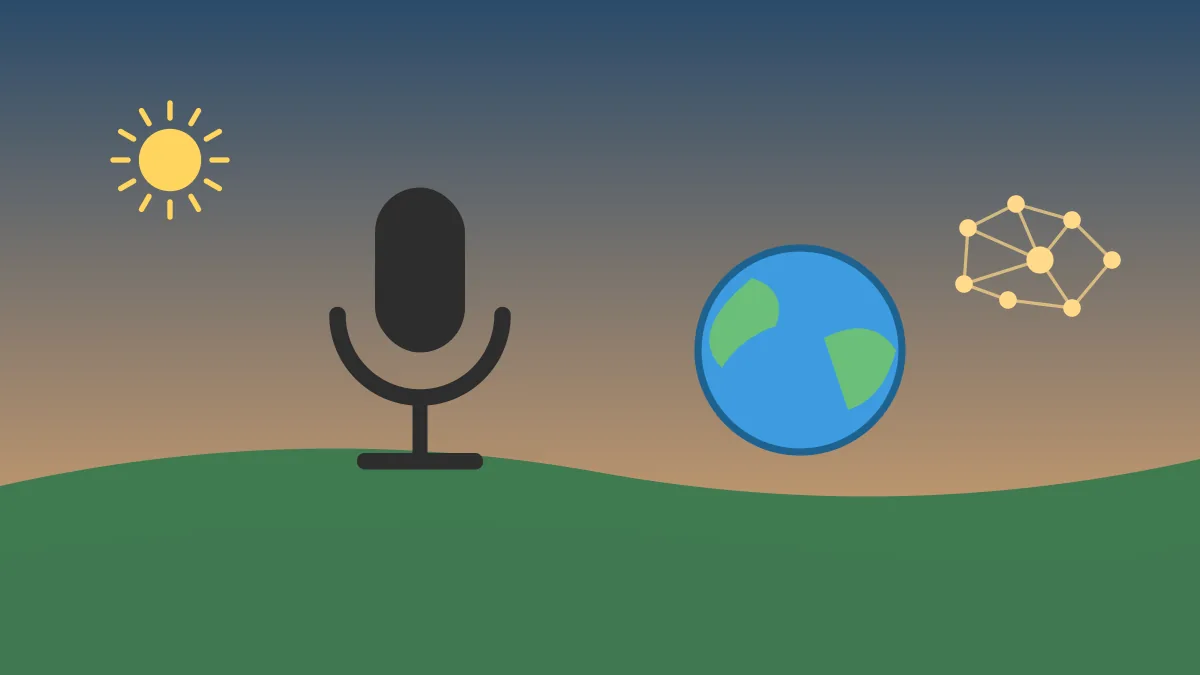 Illustration of a microphone, a globe and a network of connected dots on a warm evening background
