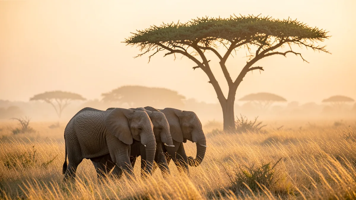 Wildlife decline featured image African elephants walking through golden grass at dawn beneath an acacia tree, soft morning mist