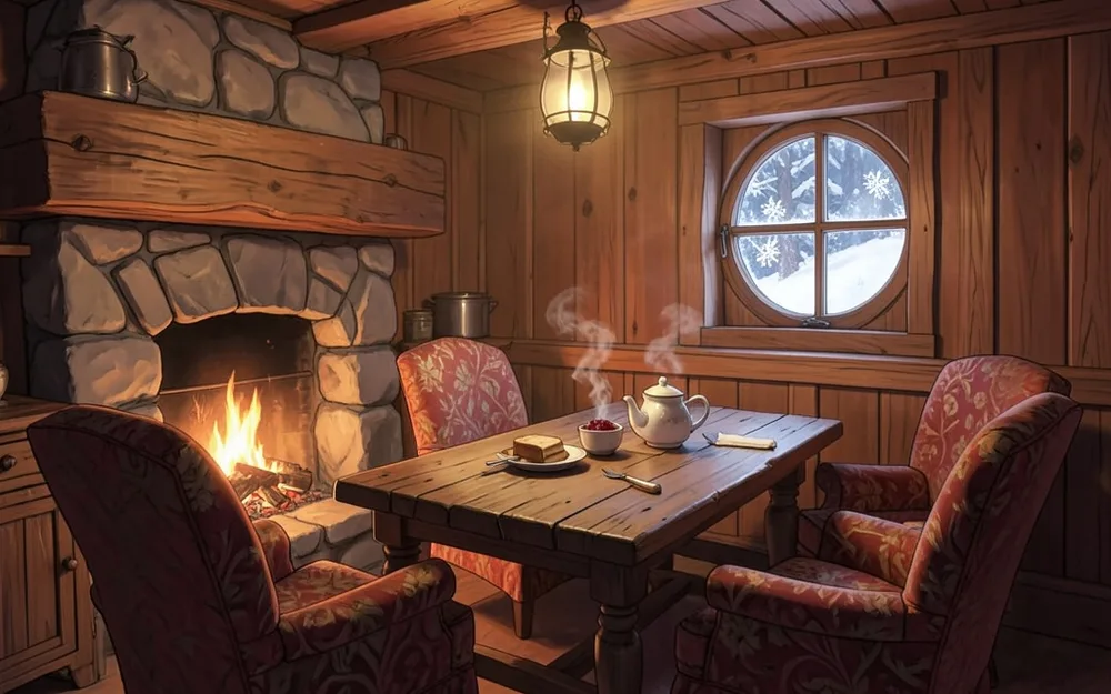 Cozy underground kitchen with a crackling fire, teapot and toast on a wooden table and snow outside a round window