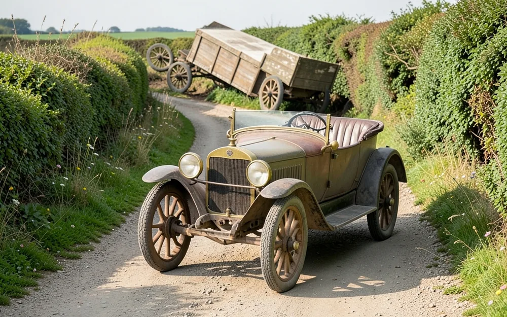 Vintage open-top motor car on a country lane with an overturned wooden caravan by the hedgerow