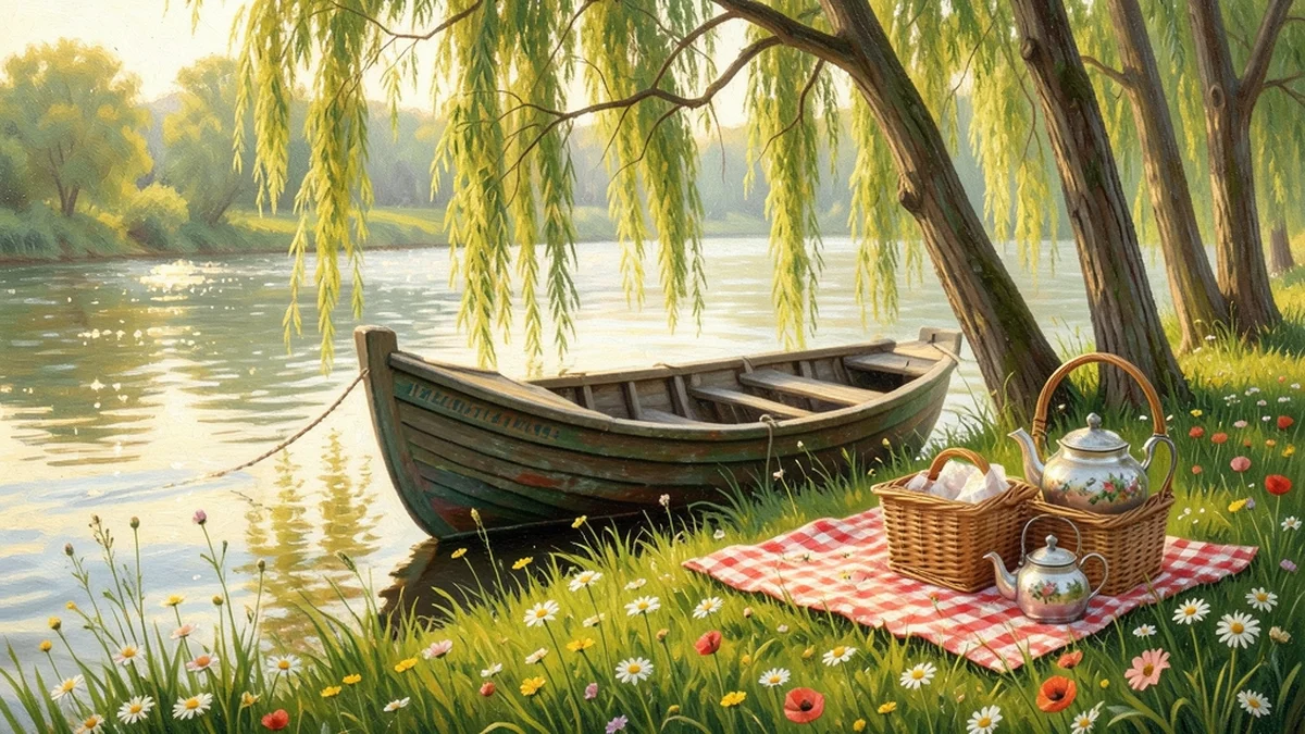 Small wooden rowing boat moored under willow trees beside a picnic basket and teapot on a sunny riverbank