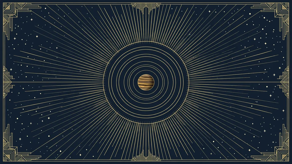 Art-deco astronomical poster of a banded brown dwarf with radiating gold spectrum lines