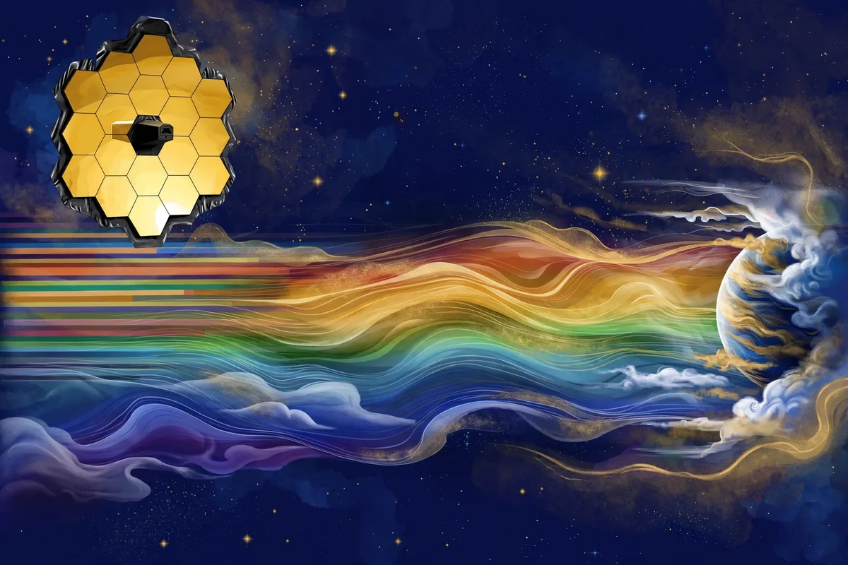 Illustration of the James Webb Space Telescope with rippling rainbow spectrum bars like weather over a cloudy planet
