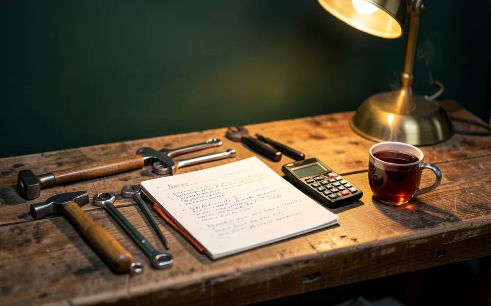 Workshop bench with hand tools, an open ledger, a calculator and a mug of tea under a brass desk lamp